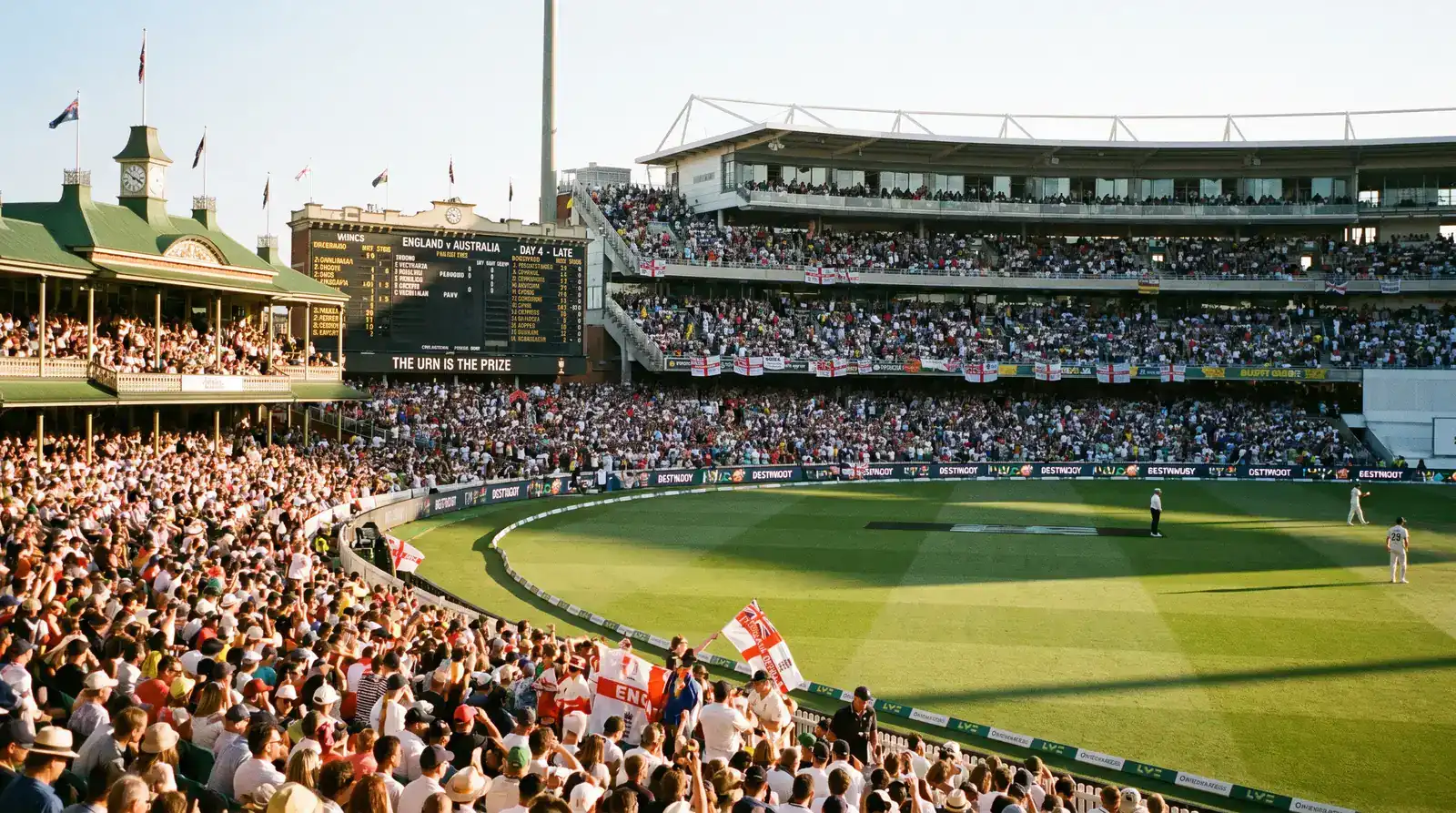 Capacity English Test ground during the 2023 Ashes series with stands full to the upper tiers in late afternoon light