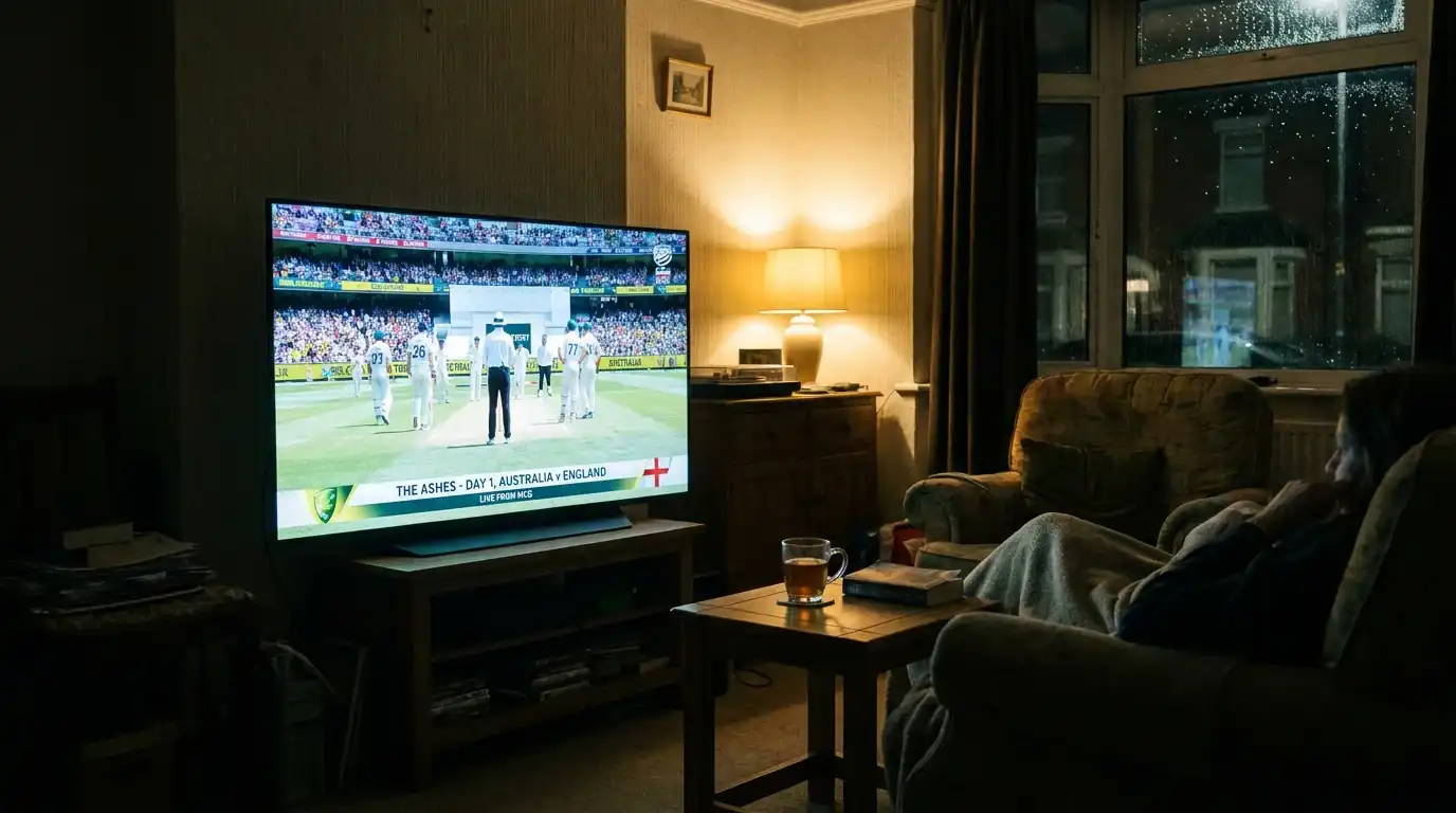 UK viewer watching an away Ashes Test on television late at night with a mug of tea and a lit lamp in the background