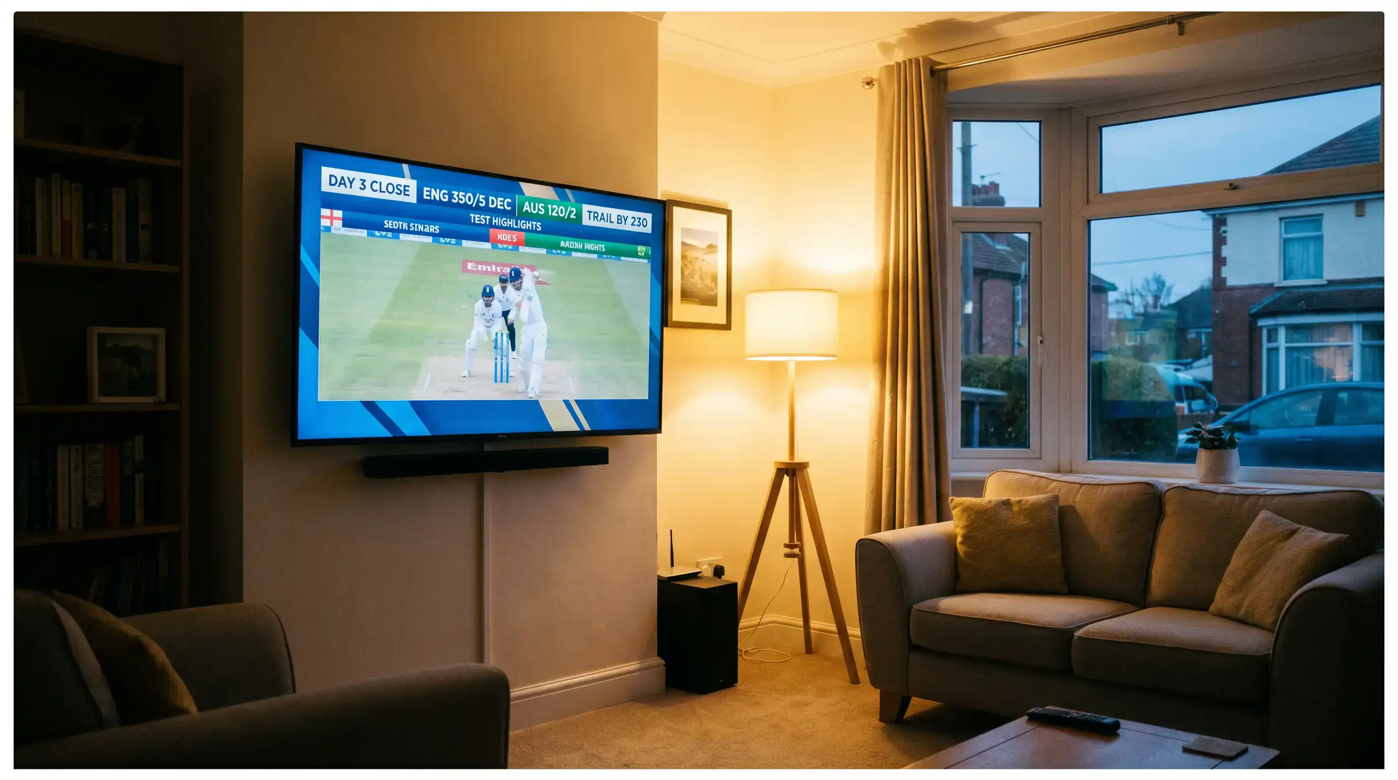 UK television showing the evening highlights package of an Ashes Test with a scoreboard summary graphic
