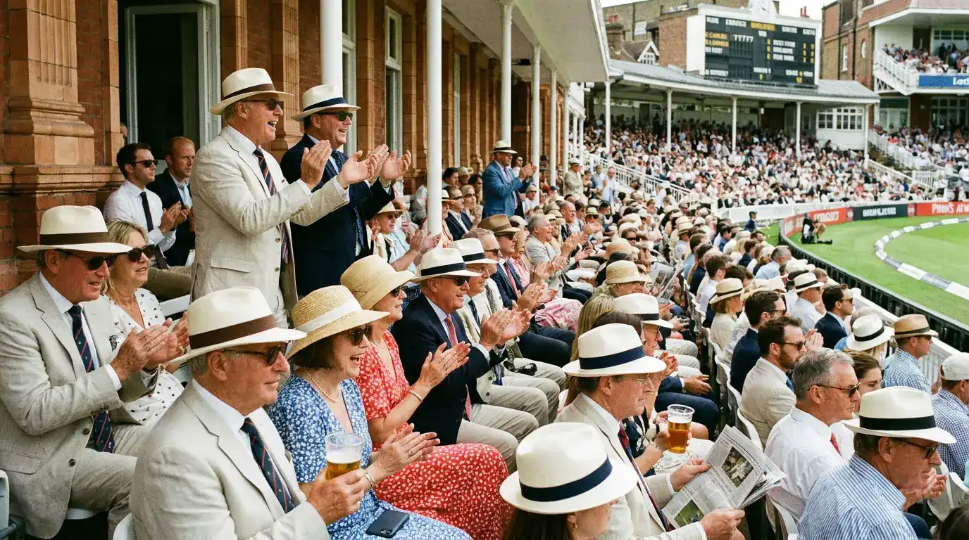 Pavilion crowd at an English Ashes Test enjoying the afternoon session in summer dress with the ground full behind