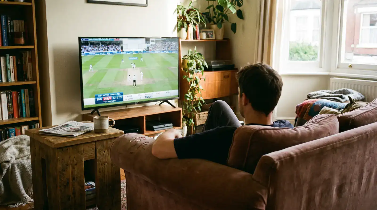 UK family watching an Ashes Test broadcast on a large flat-screen television in the living room during early-morning coverage