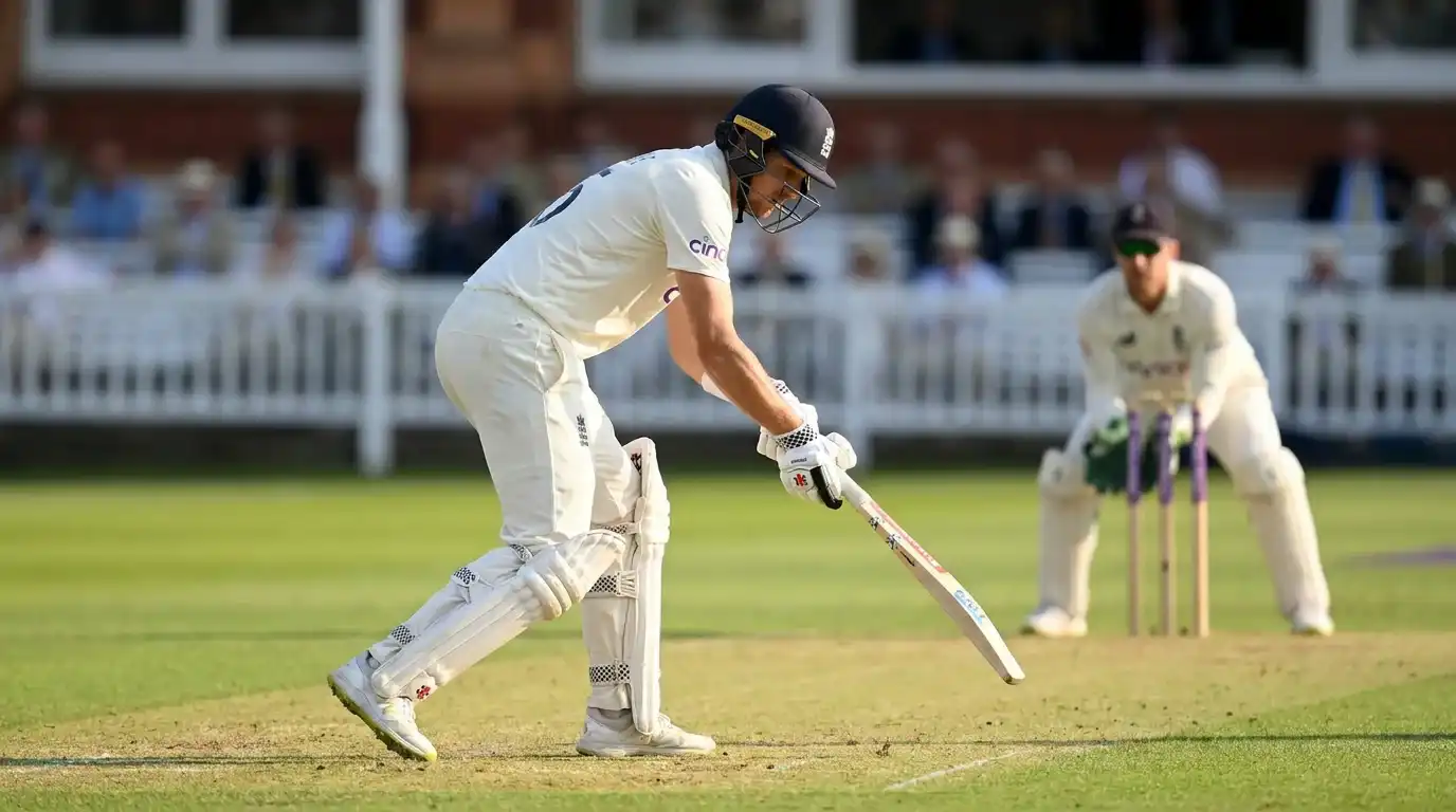 Batter at the crease taking guard with wicketkeeper behind during a county match