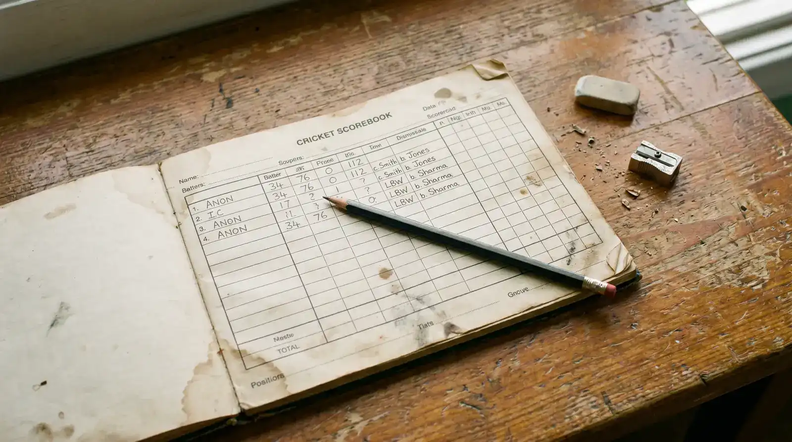 Cricket scorer calculating a batter's average in pencil in a paper scorebook with the totals and dismissals visible