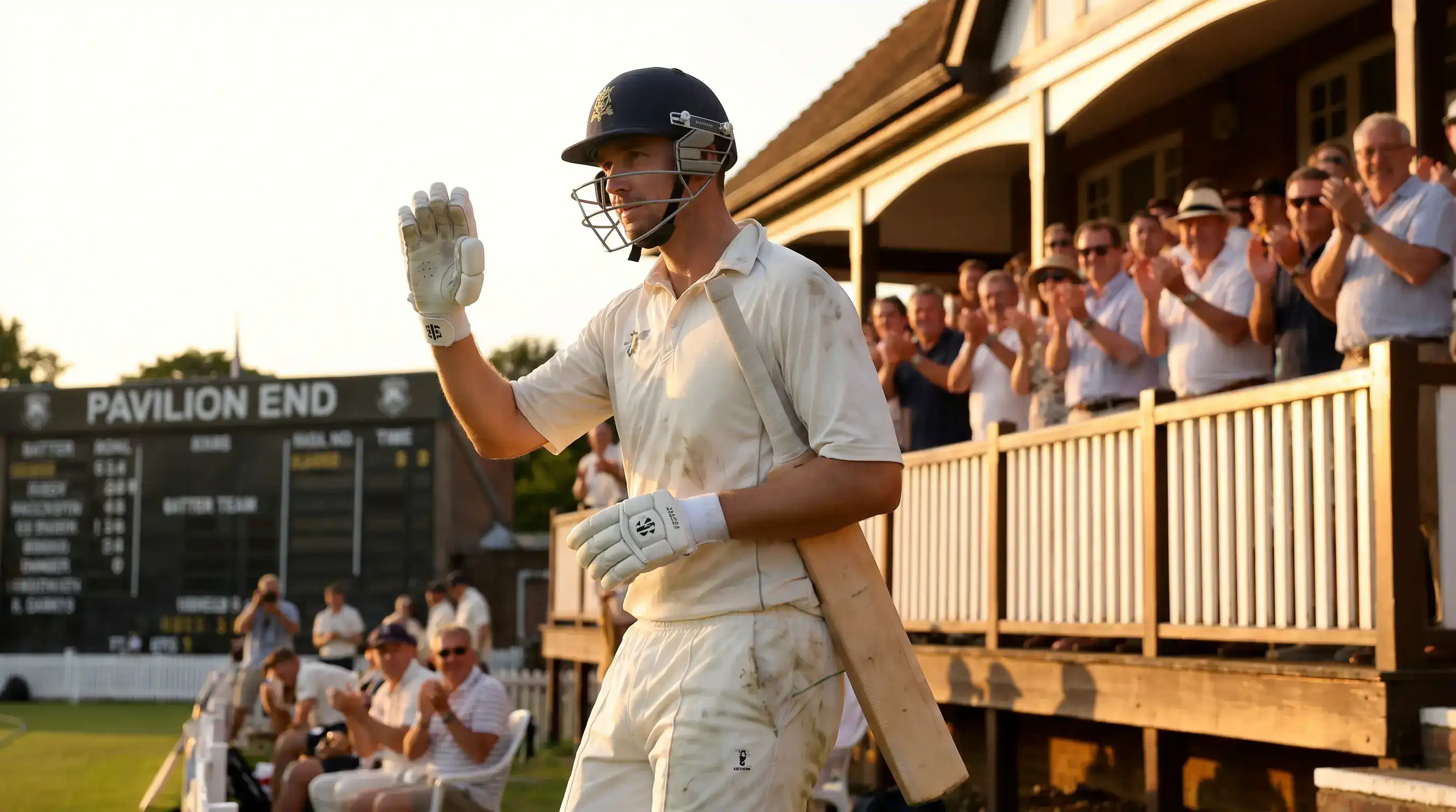 Cricket batter returning to the pavilion not out at the end of a chase with bat raised in modest acknowledgement
