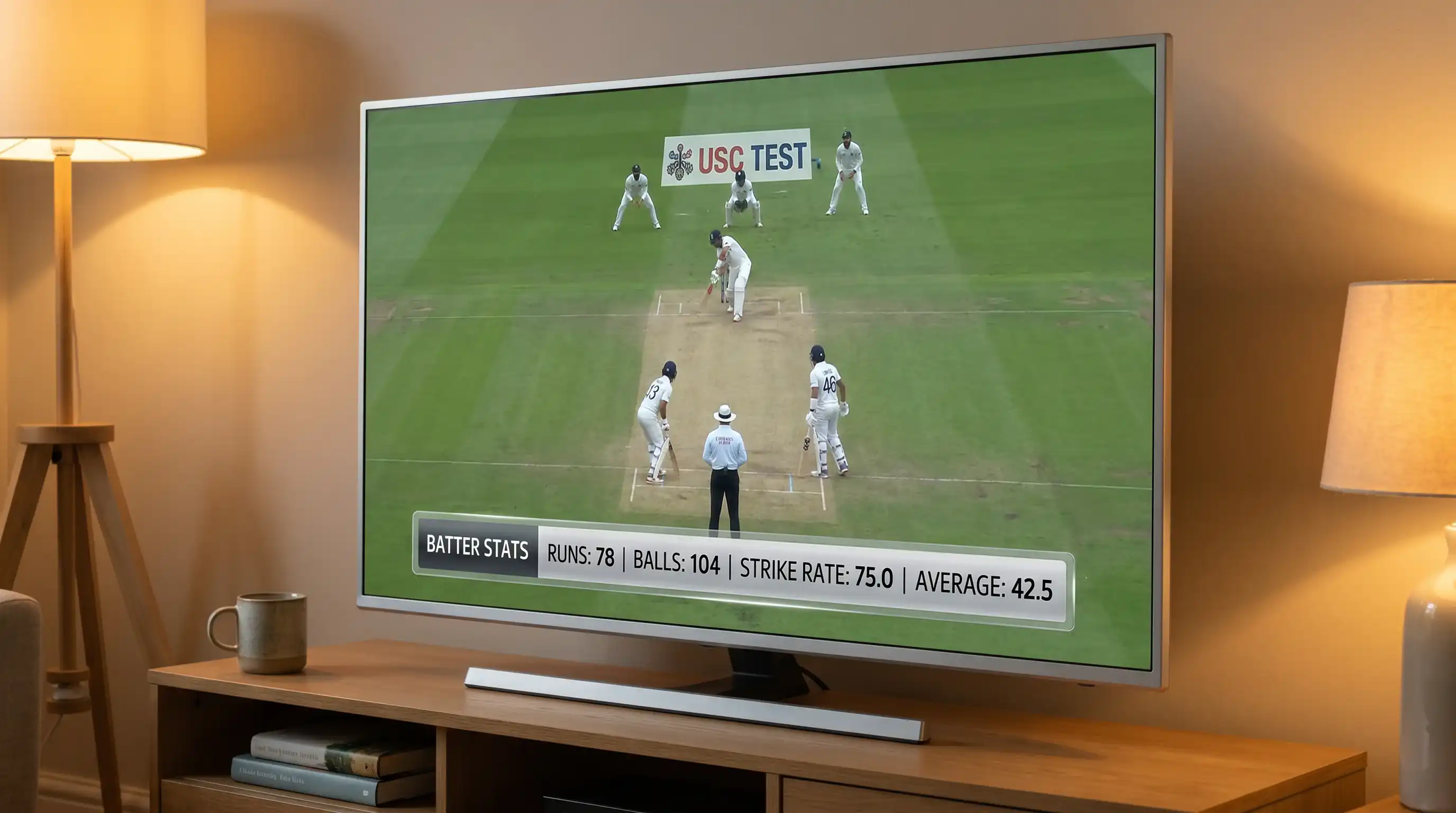 Television showing a cricket batter statistics graphic overlay during a Test broadcast with detailed individual figures