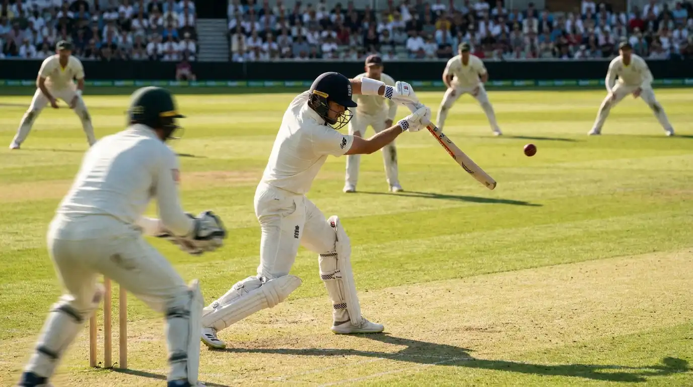 Test cricket batter playing an attacking drive through cover in a modern aggressive Test-batting style