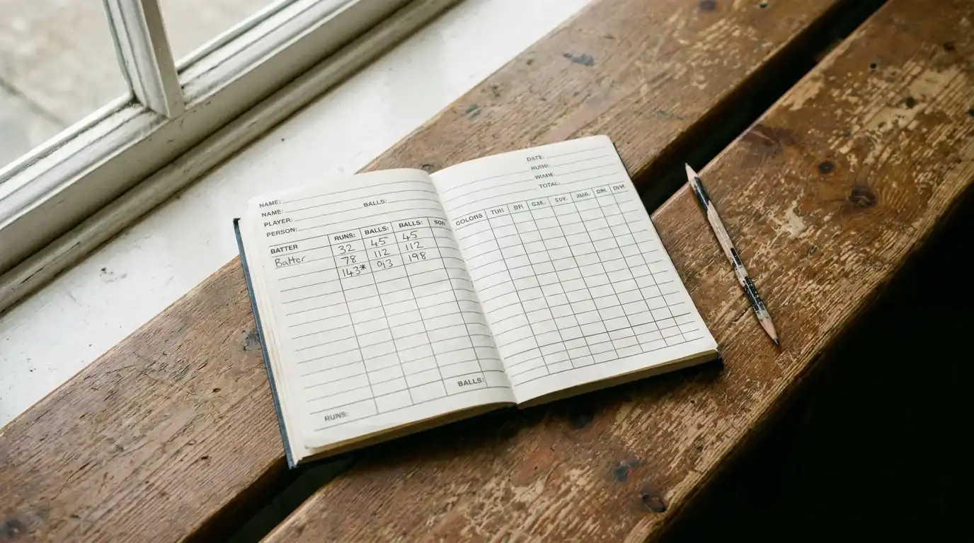 Cricket scorebook on a pavilion bench with batter row showing runs and balls faced for the strike rate calculation