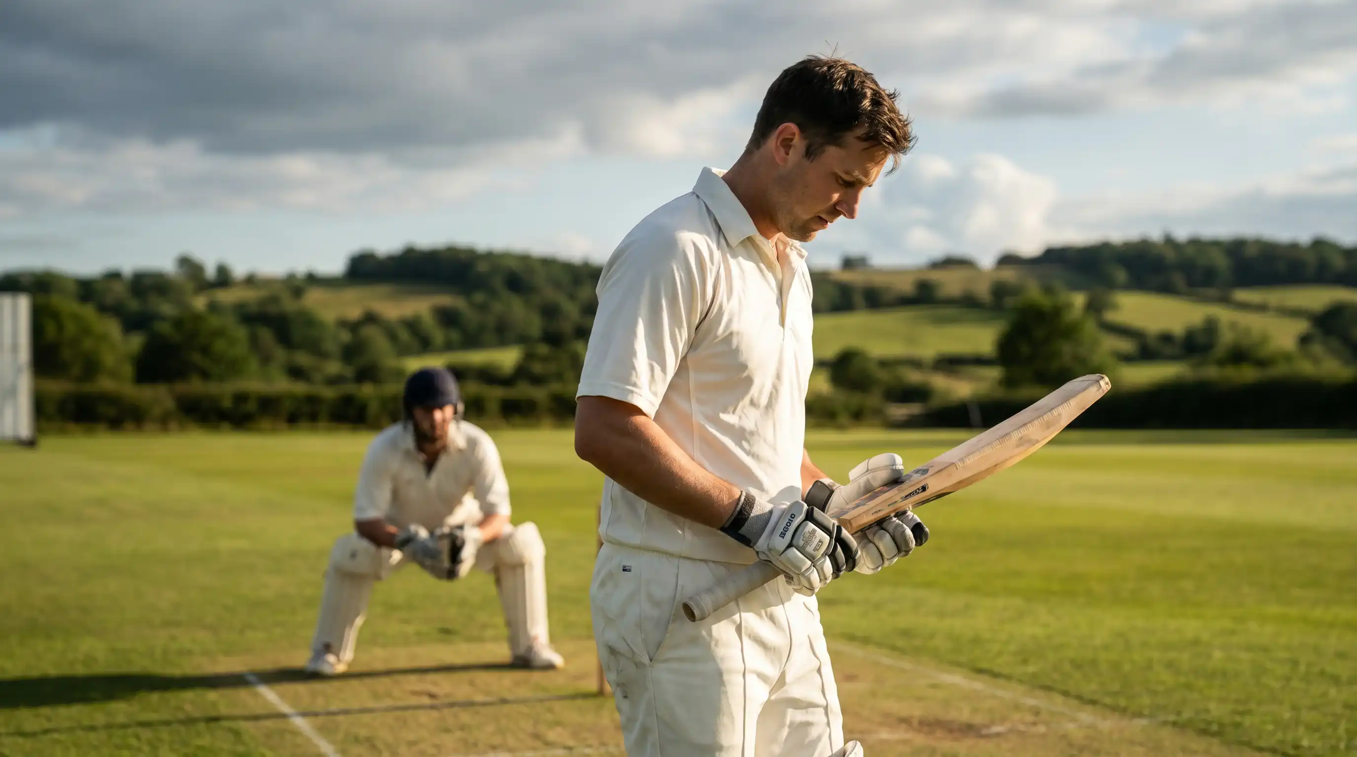 Cricket batter looking down between deliveries during a series of dot balls under pressure from a tight bowling spell