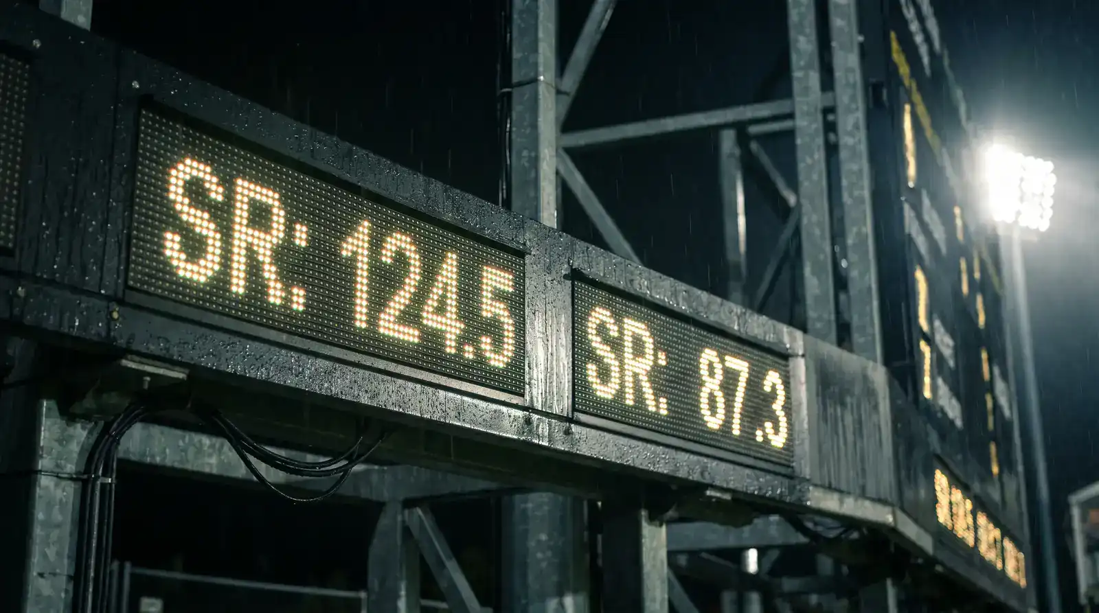Cricket scoreboard showing two batters' strike rates side by side from a Test and a T20 fixture for comparison
