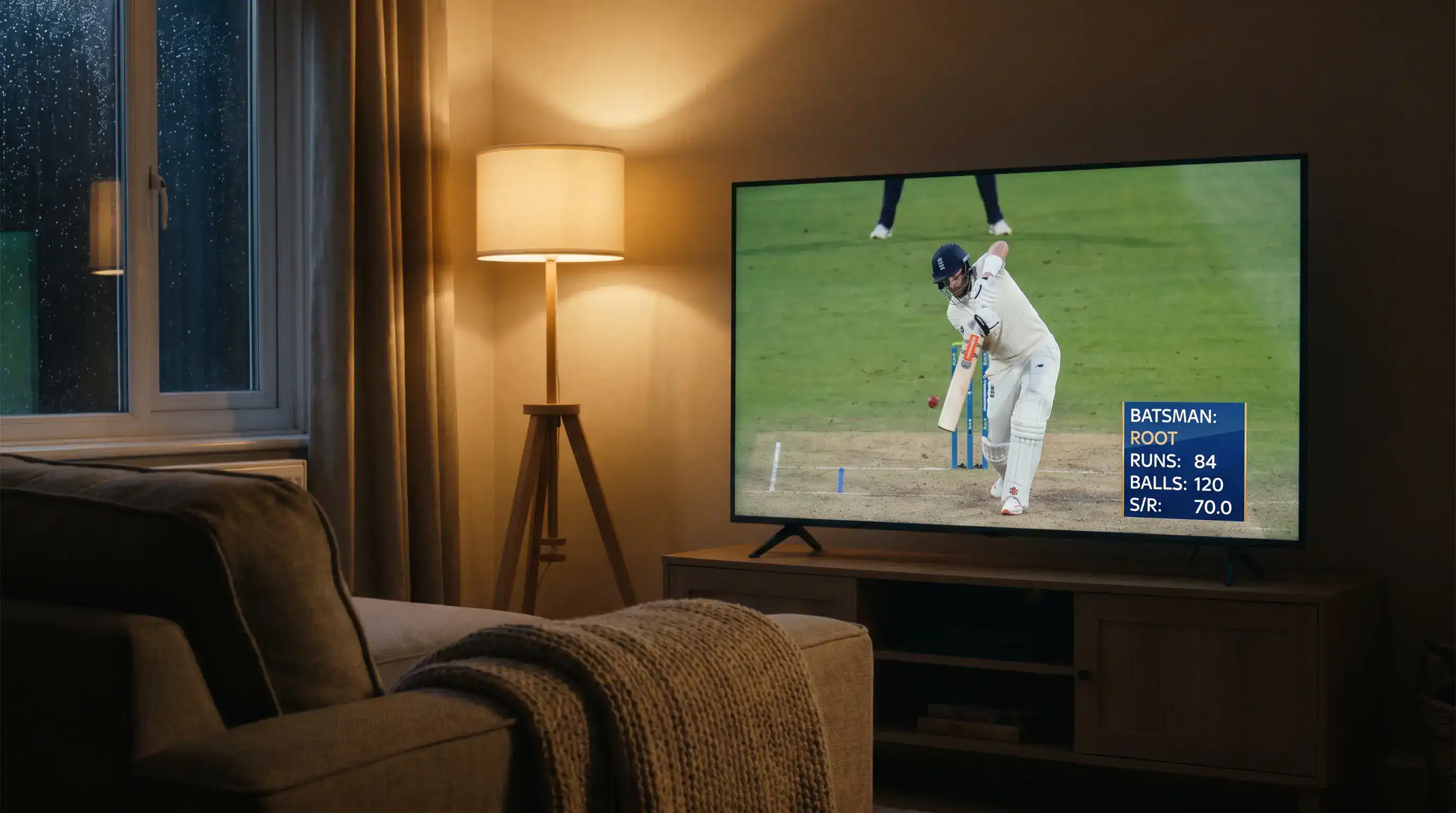 Television showing a cricket broadcast with a batter's strike rate graphic overlay during an innings build-up