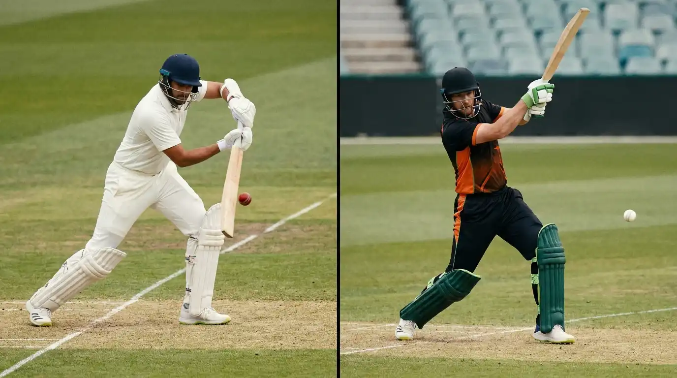 Composite cricket photograph showing a Test batter in defensive stance alongside a T20 batter playing an aggressive shot