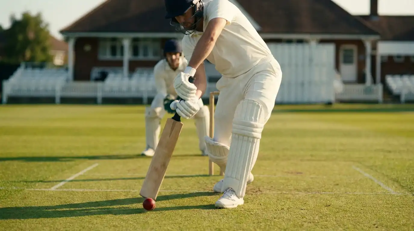 Test cricket batter playing a textbook forward defensive shot to a good-length delivery in the morning session