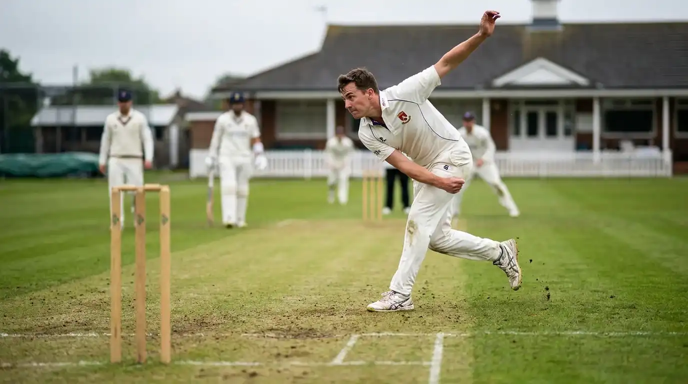 Fast bowler in delivery stride at the crease during a four-day county match