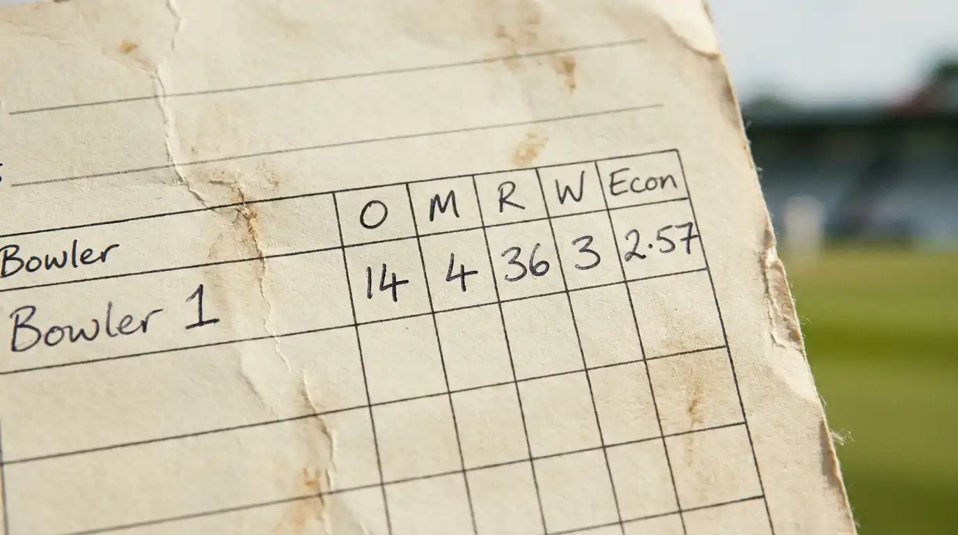 Bowler row on a cricket scorecard showing overs maidens runs wickets and economy columns side by side