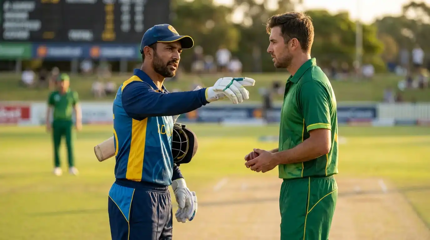 Cricket captain instructing his bowler about field placement to protect a low economy rate during a tight middle phase