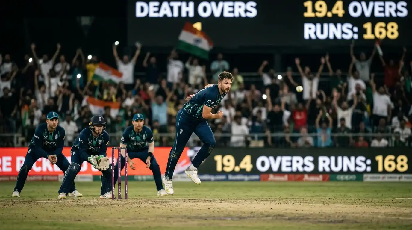 Fast bowler delivering at the death of a T20 innings with fielders crowding the catching positions