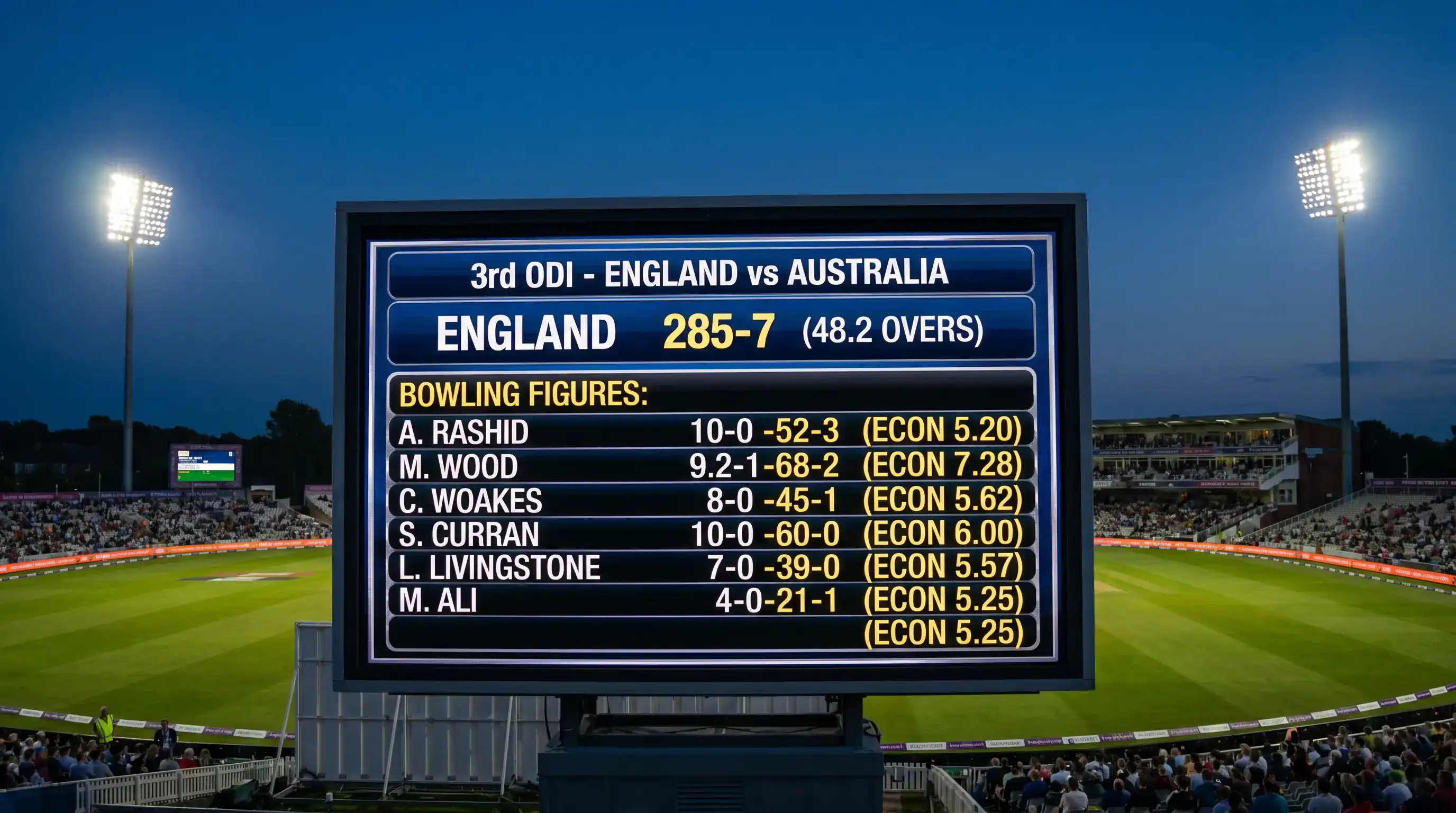 Modern electronic cricket scoreboard at a UK ground showing bowling figures with economy rate column highlighted during play