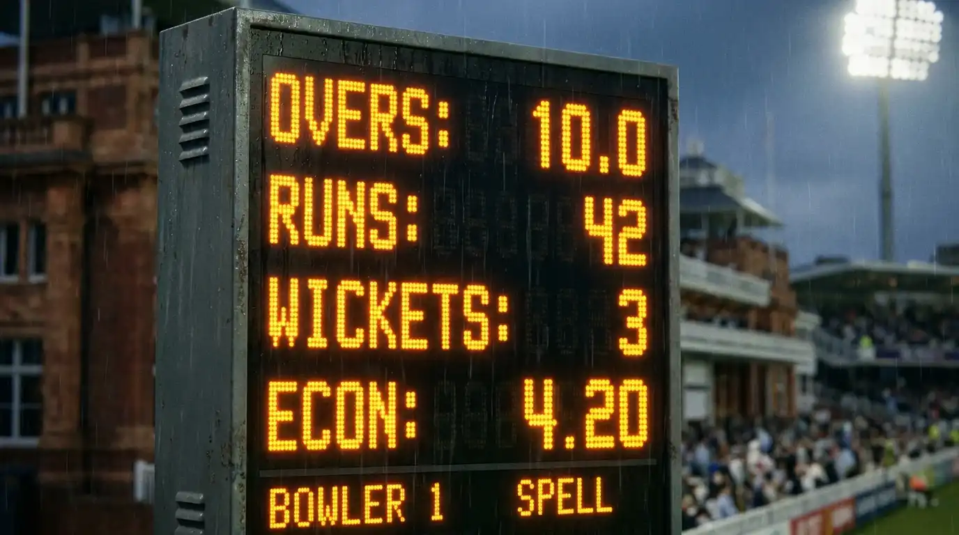 Cricket scoreboard close-up showing a bowler's complete spell figures with economy rate calculated and displayed