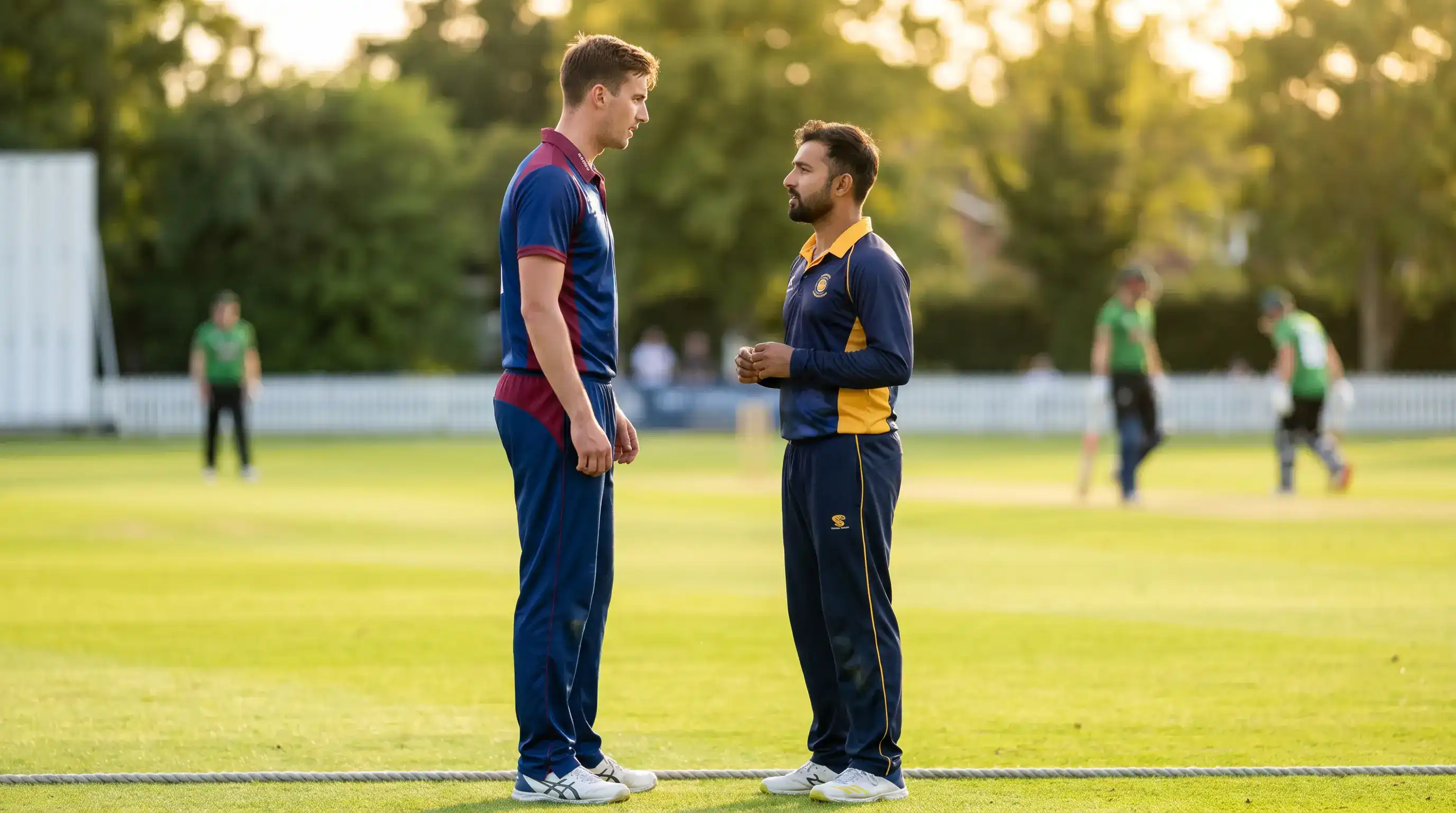 Two cricket bowlers in conversation at the boundary edge with a spinner and a fast bowler comparing fielding plans