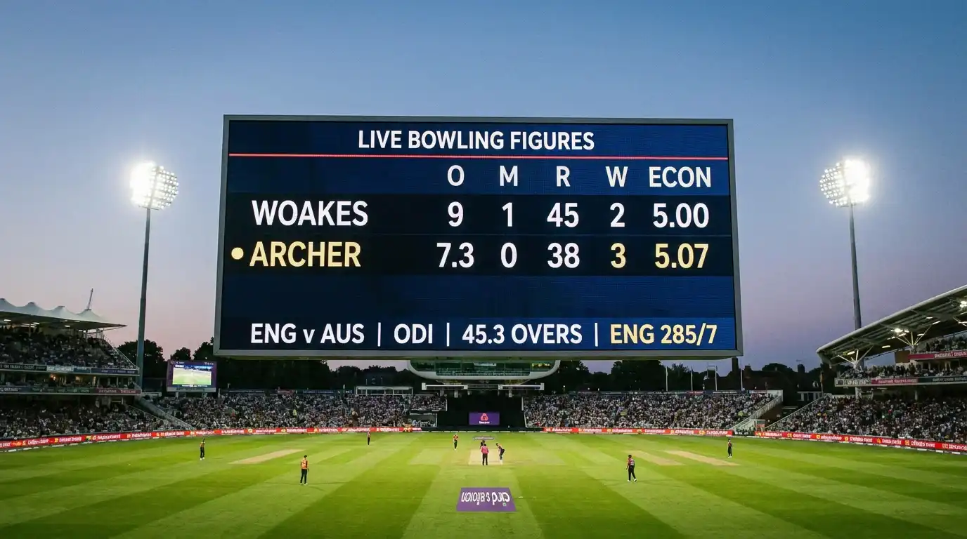 Modern electronic scoreboard at a UK ground displaying live bowling figures including economy and strike rate during an ODI