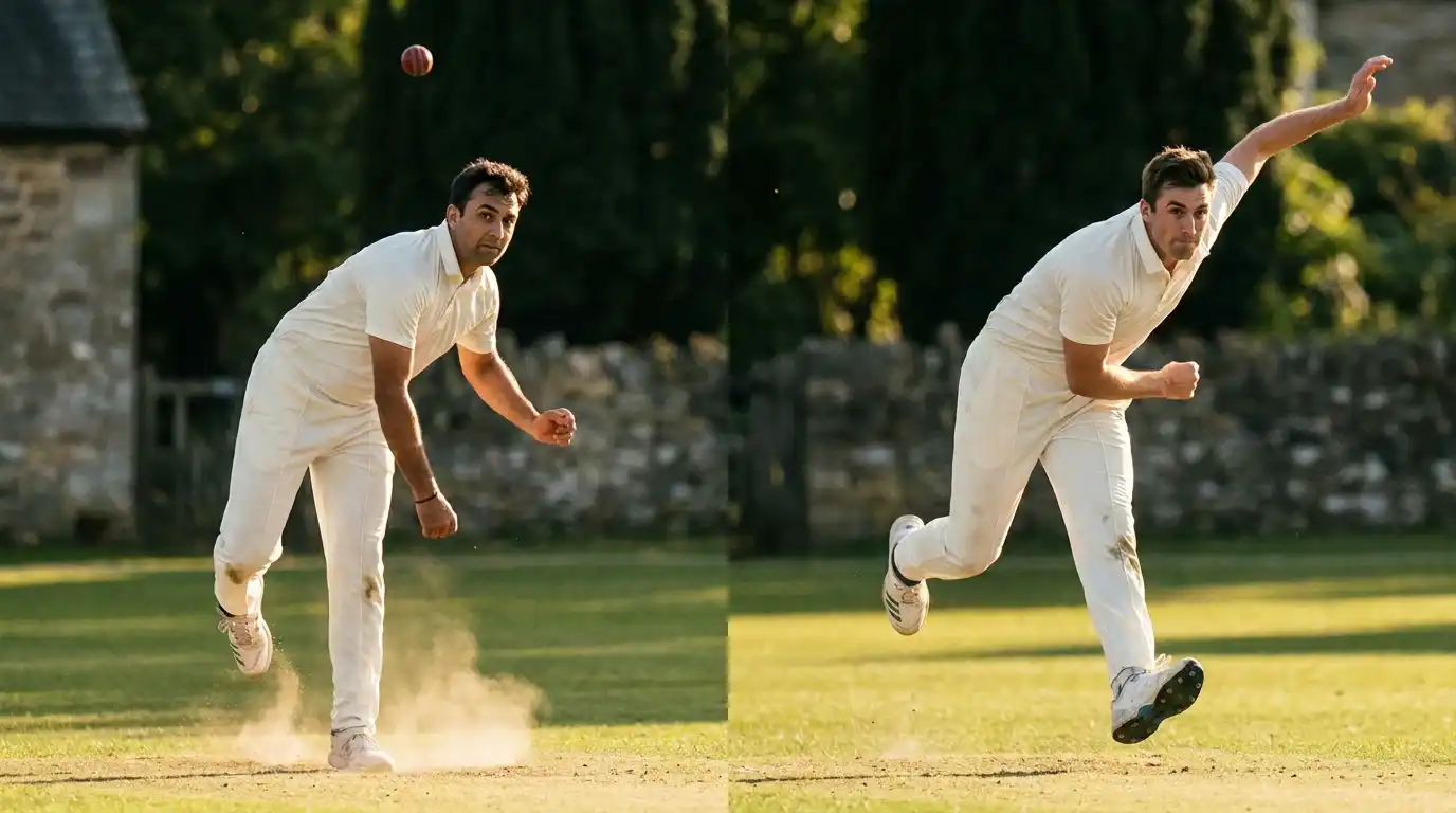 Composite photograph showing a leg-spinner mid-delivery alongside a fast bowler in delivery stride for comparison