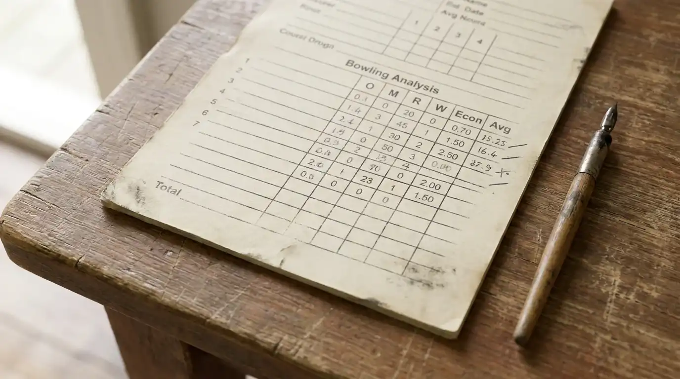 Cricket scorecard showing bowling figures with overs maidens runs and wickets columns alongside calculated economy and strike rates