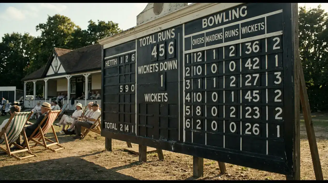 Traditional county cricket scoreboard at an English ground showing the bowling analysis for both teams after the first innings