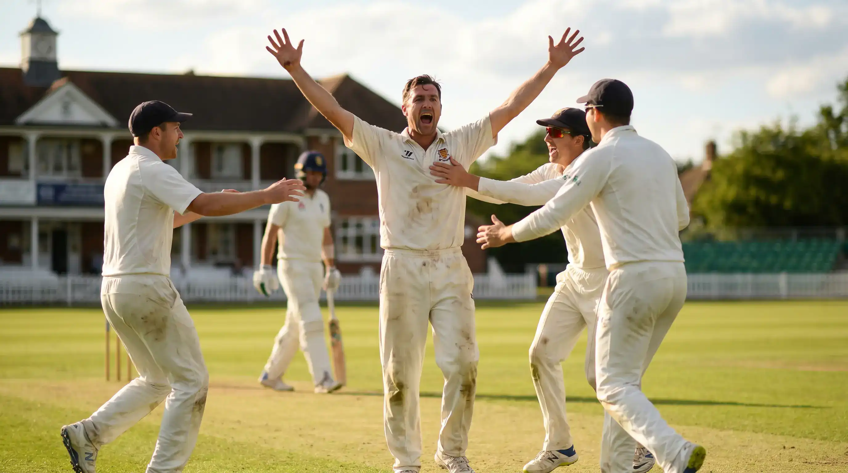 Cricket bowler celebrating a wicket with the slip cordon joining the celebration during a Test match
