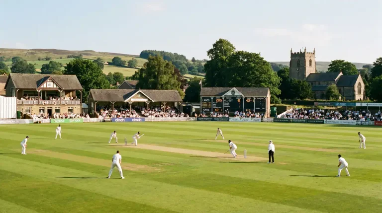 County Championship match in progress at a sunny English ground with a small pavilion crowd and the scoreboard showing first-innings totals