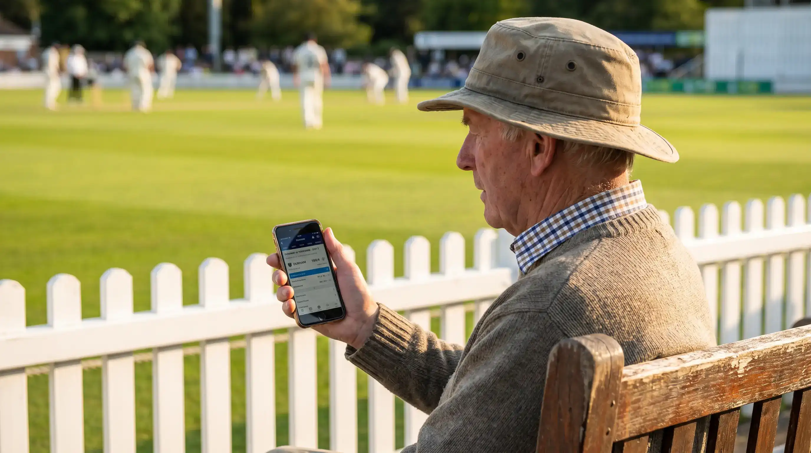 Cricket fan checking a county cricket live score on a smartphone while sitting on a bench beside the boundary