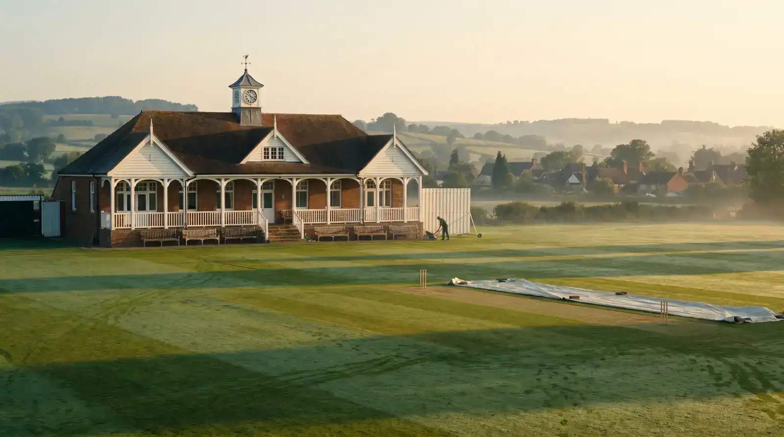 Traditional English county cricket pavilion seen across the empty outfield in soft morning light before a Championship match