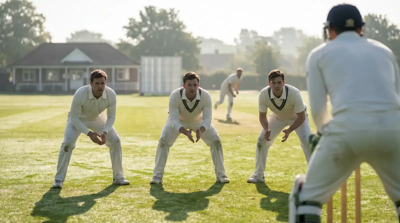 County Championship fielders crouched in the slip cordon during the first session of a four-day match