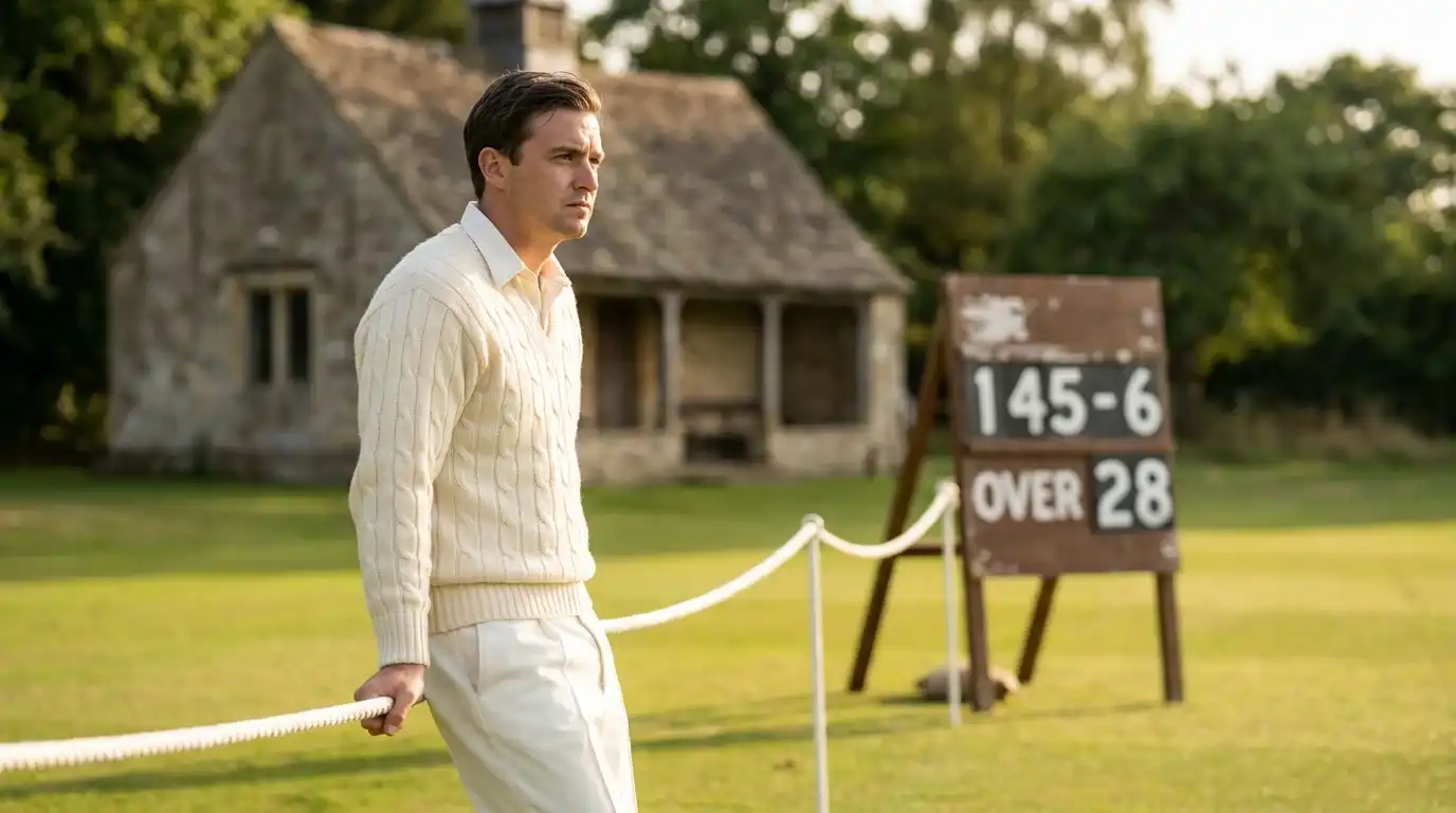 County cricketer in whites looking up at the scoreboard during a tense final-round Championship fixture