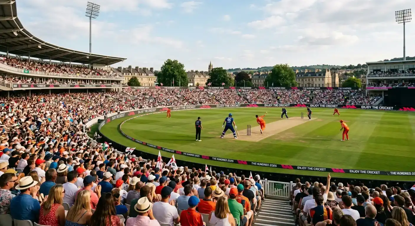 Packed cricket ground in England during a 2025 Hundred match with families filling the stands under late summer light