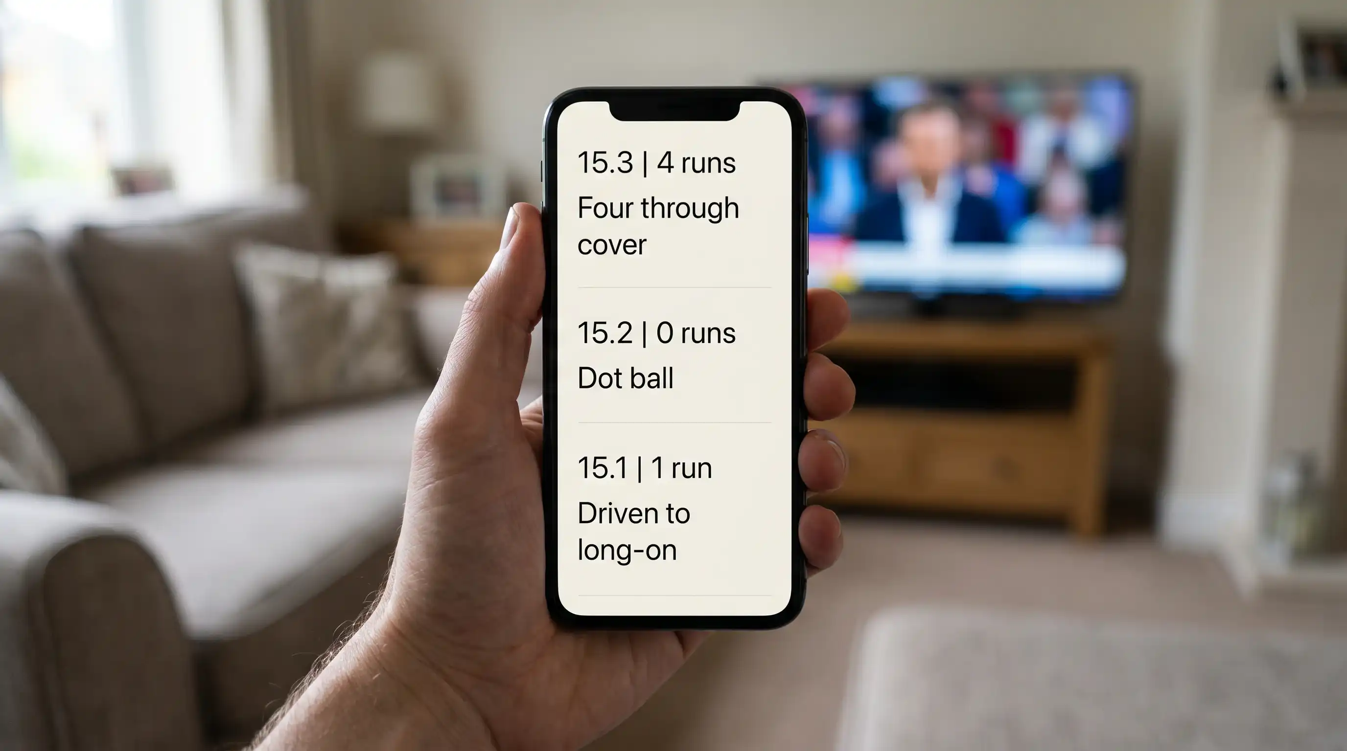 Hand holding a smartphone showing a cricket ball-by-ball live commentary feed