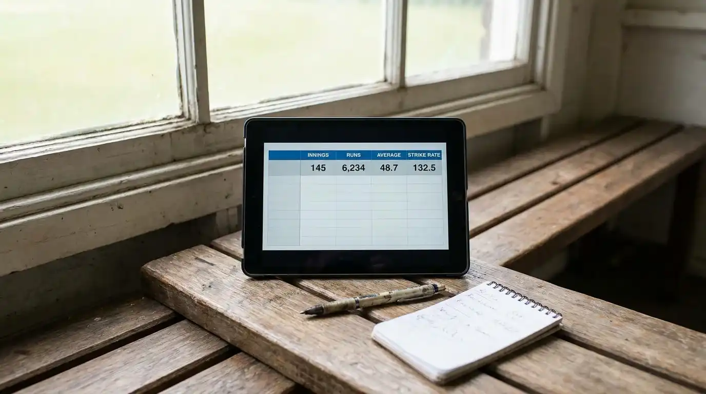 Close-up of a cricket scorecard on a tablet screen showing batting averages strike rates and individual innings figures during a match