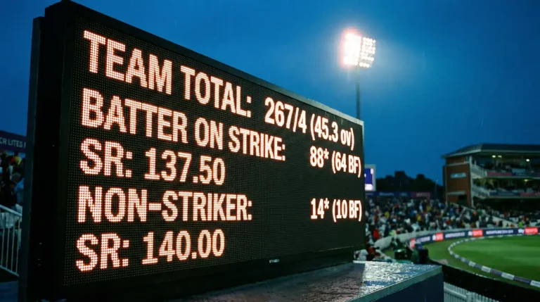 Cricket scoreboard close-up displaying batter statistics including runs balls faced and strike rate during a limited-overs match