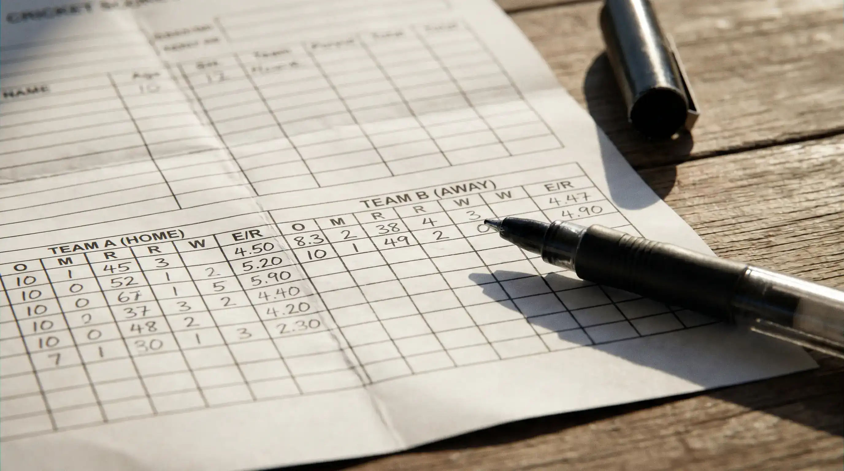 Cricket scorecard showing bowling figures including overs maidens runs wickets and economy rate for both teams in a limited-overs international