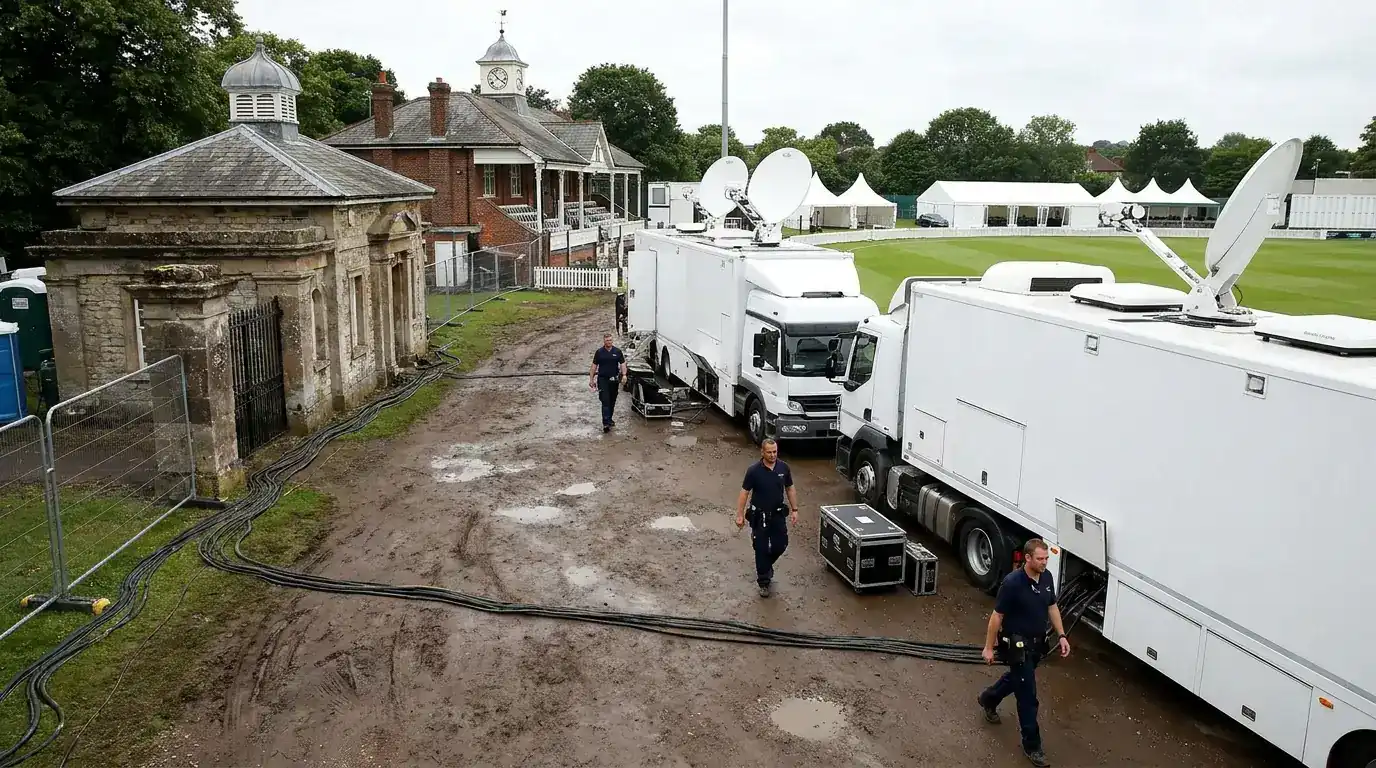 Outside broadcast trucks parked alongside an English cricket ground on a match day