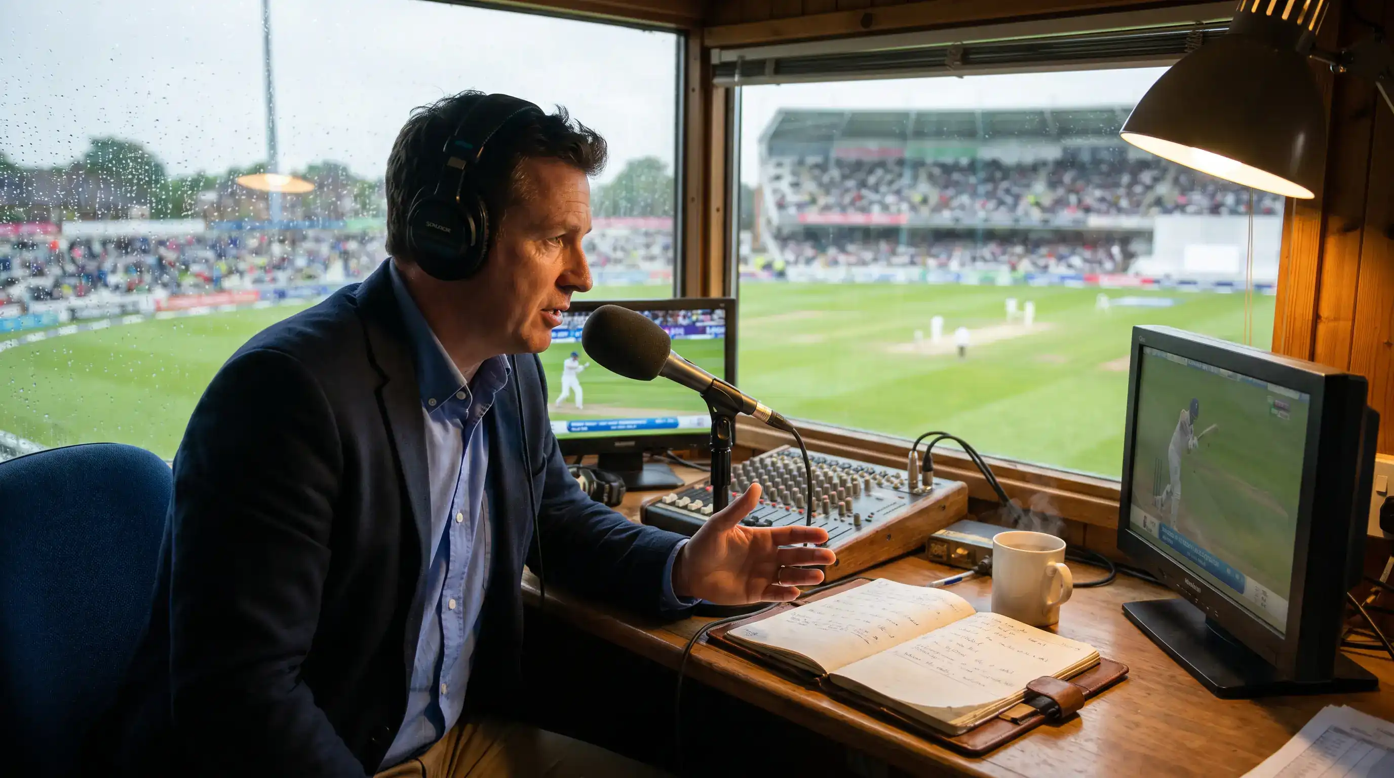 Cricket commentary box with broadcaster wearing headphones speaking into microphone overlooking the ground