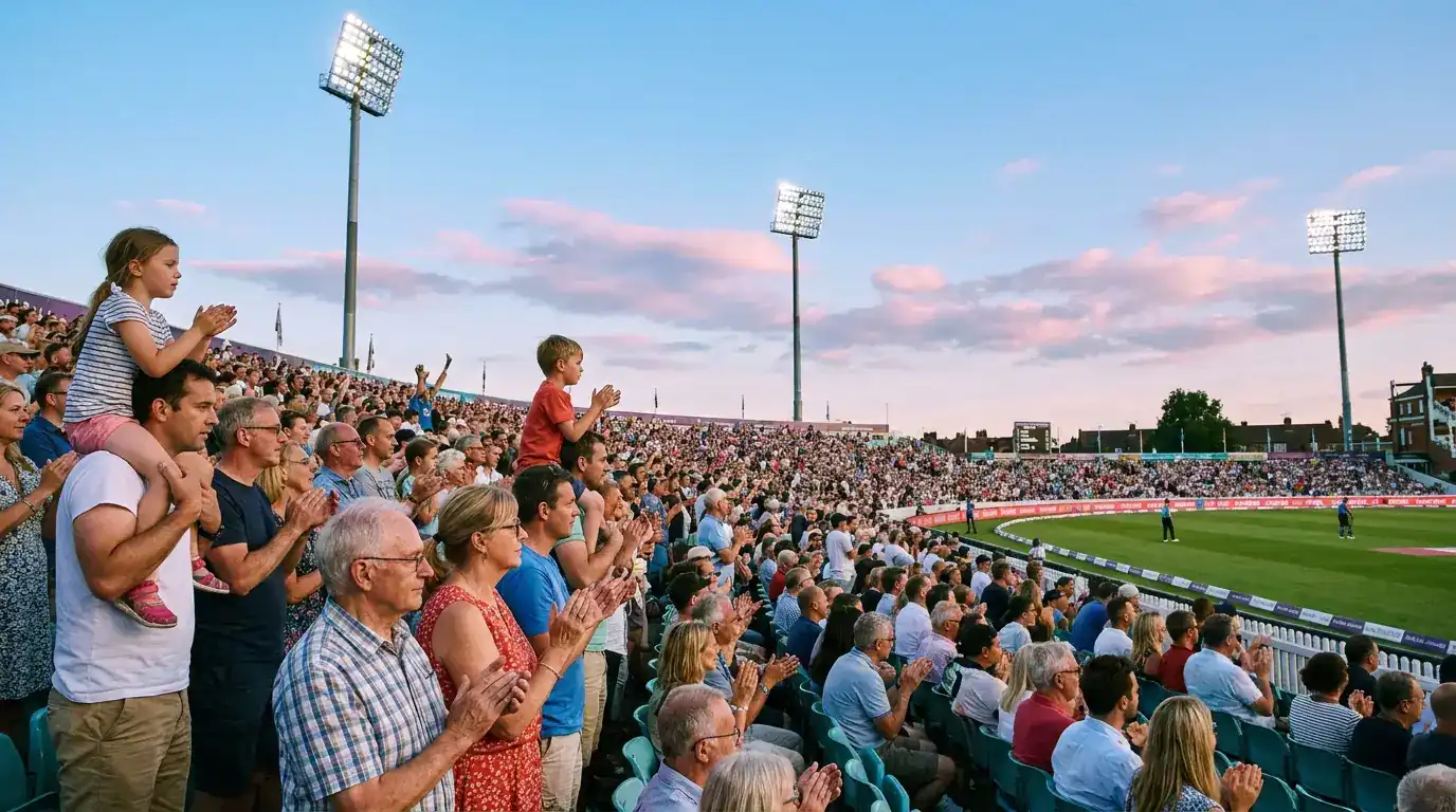 Spectators in the stands at a UK cricket match clapping with the floodlit ground in the background
