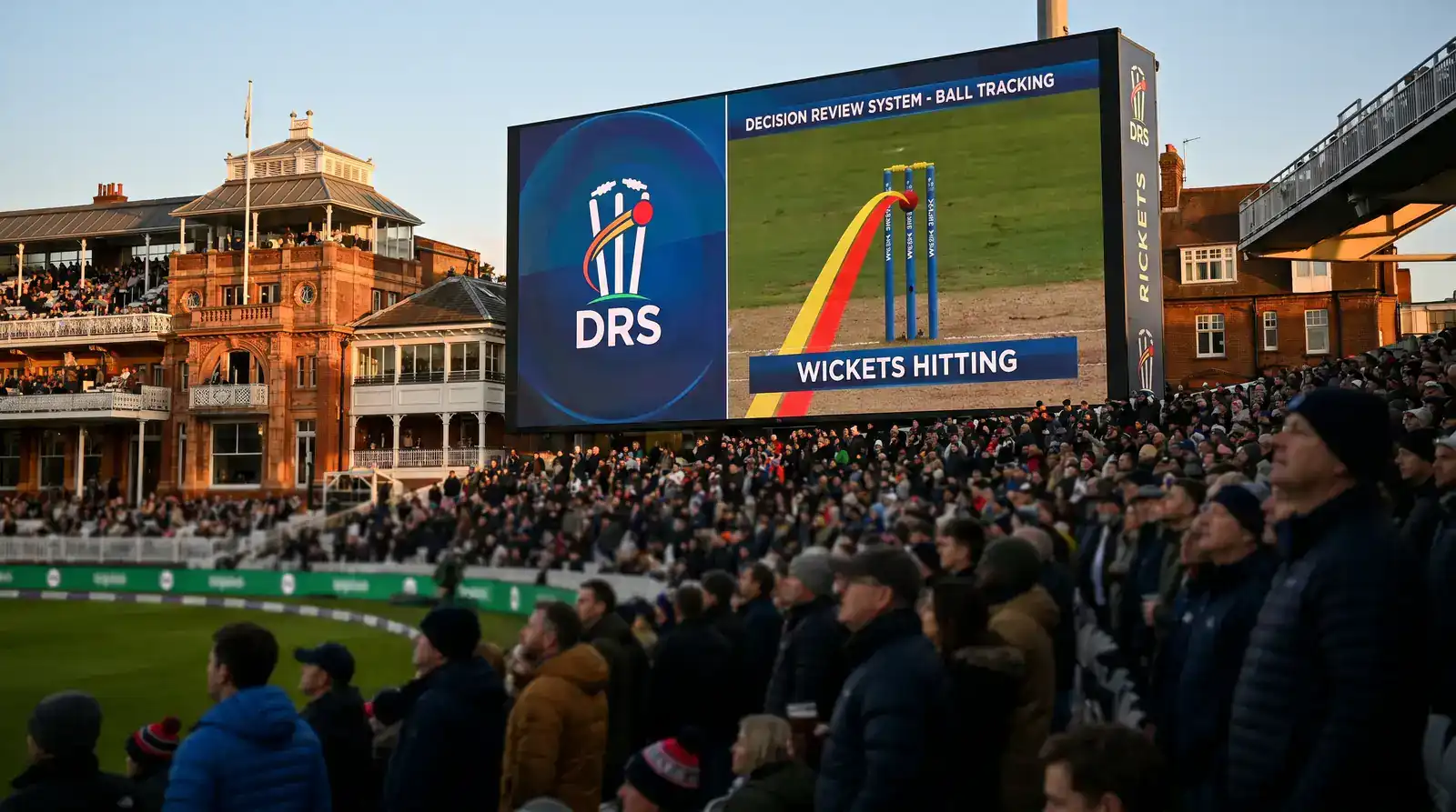 DRS review in progress on stadium big screen with ball tracking projection at a Test match