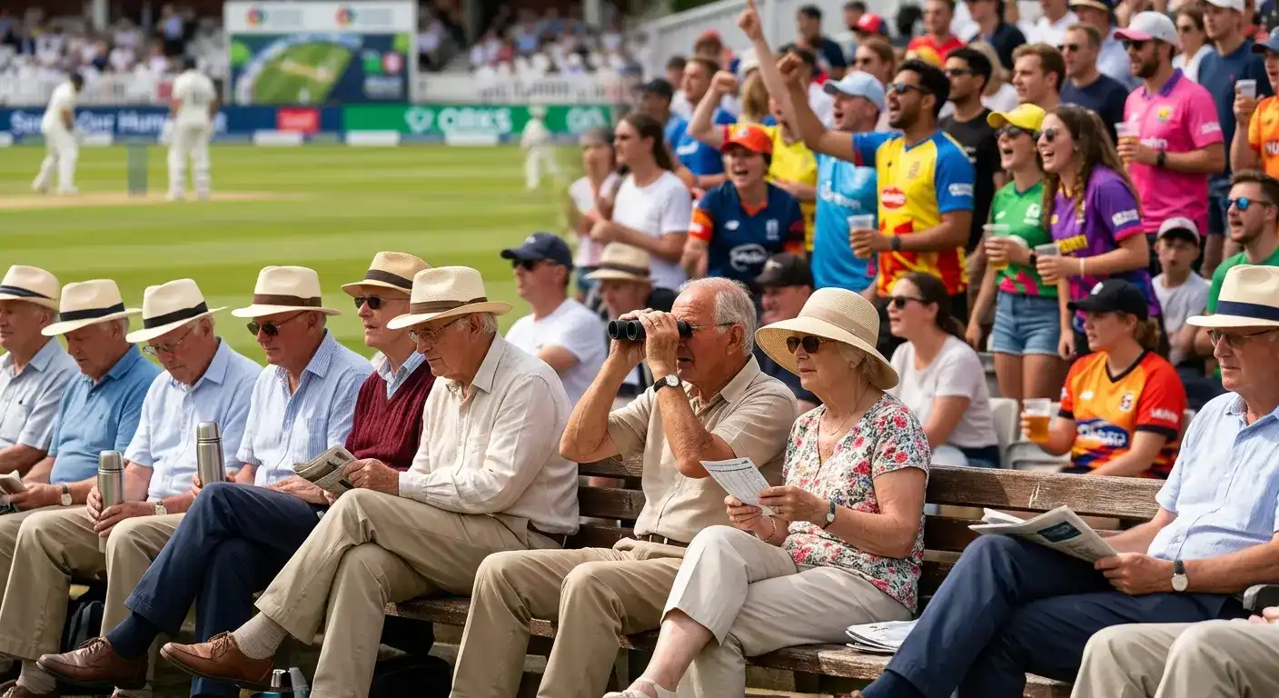 Composite UK cricket crowd shot showing older Test match spectators in the foreground and a younger Hundred crowd in the stands behind