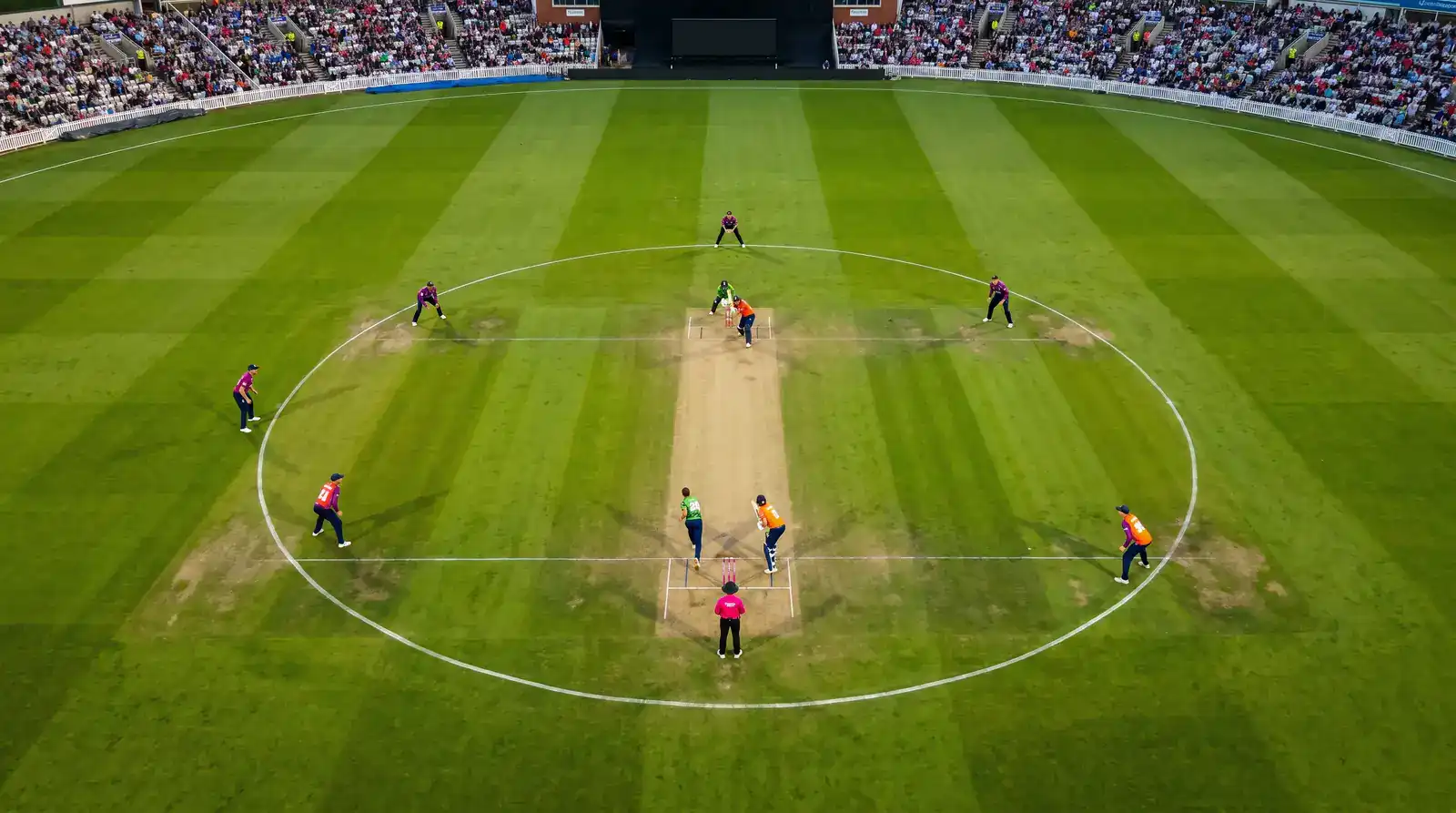 Cricket fielders positioned inside the thirty-yard inner circle during a white-ball powerplay