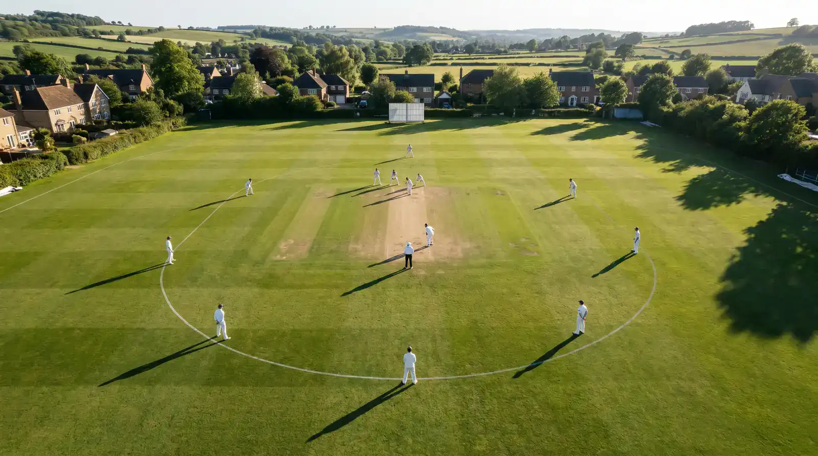 Overhead view of a cricket field showing marked fielding positions including slips gully mid-on mid-off and deep midwicket around the thirty-yard circle