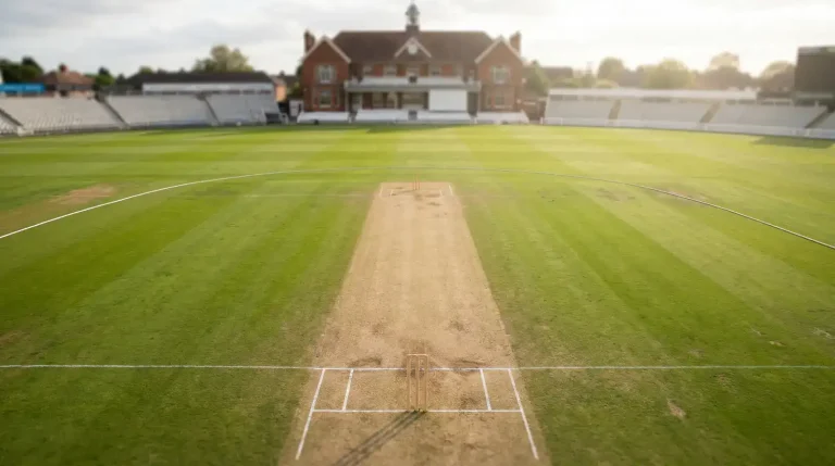 Cricket pitch from an elevated vantage with stumps at both ends and field markings