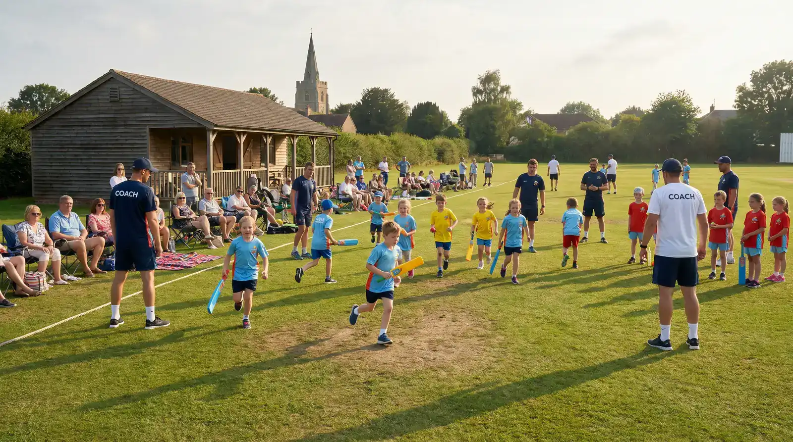 Children's All Stars cricket session at a local club ground with coaches and parents watching from the boundary