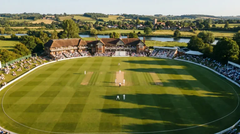 Aerial view of an English cricket ground with pavilion crowd stands and the boundary rope visible on a clear summer afternoon