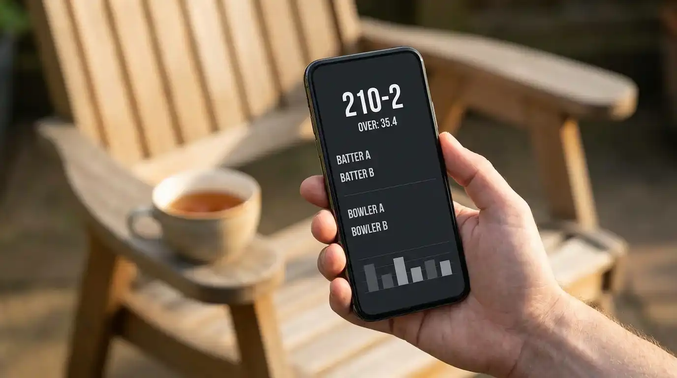 Smartphone in hand showing a cricket live-score app with ball-by-ball commentary and run-rate graphics