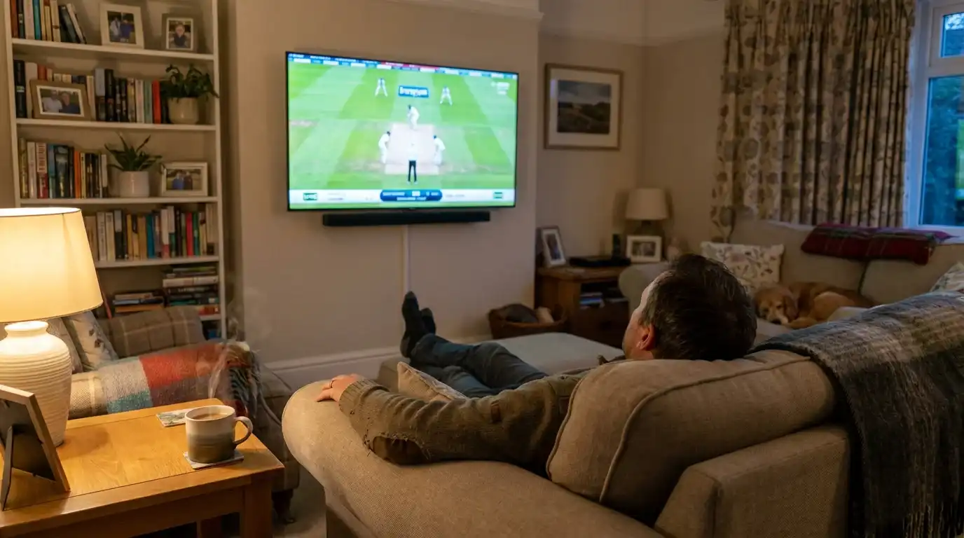Person watching cricket highlights on a living room television in the early evening